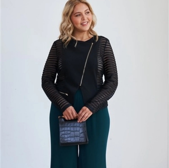 Plus Size 2X Black Mesh Stripped Long Sl - Picture 6 of 7